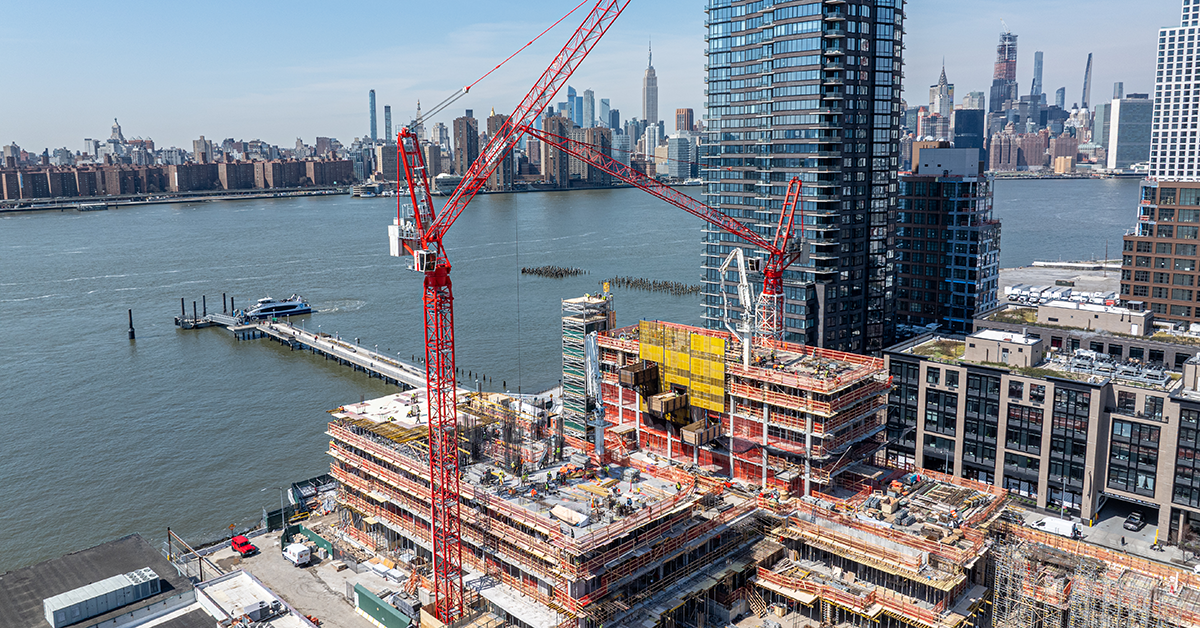 Two WOLFF 355 B Tower Cranes on Full Display at 1 Java in Greenpoint, Brooklyn